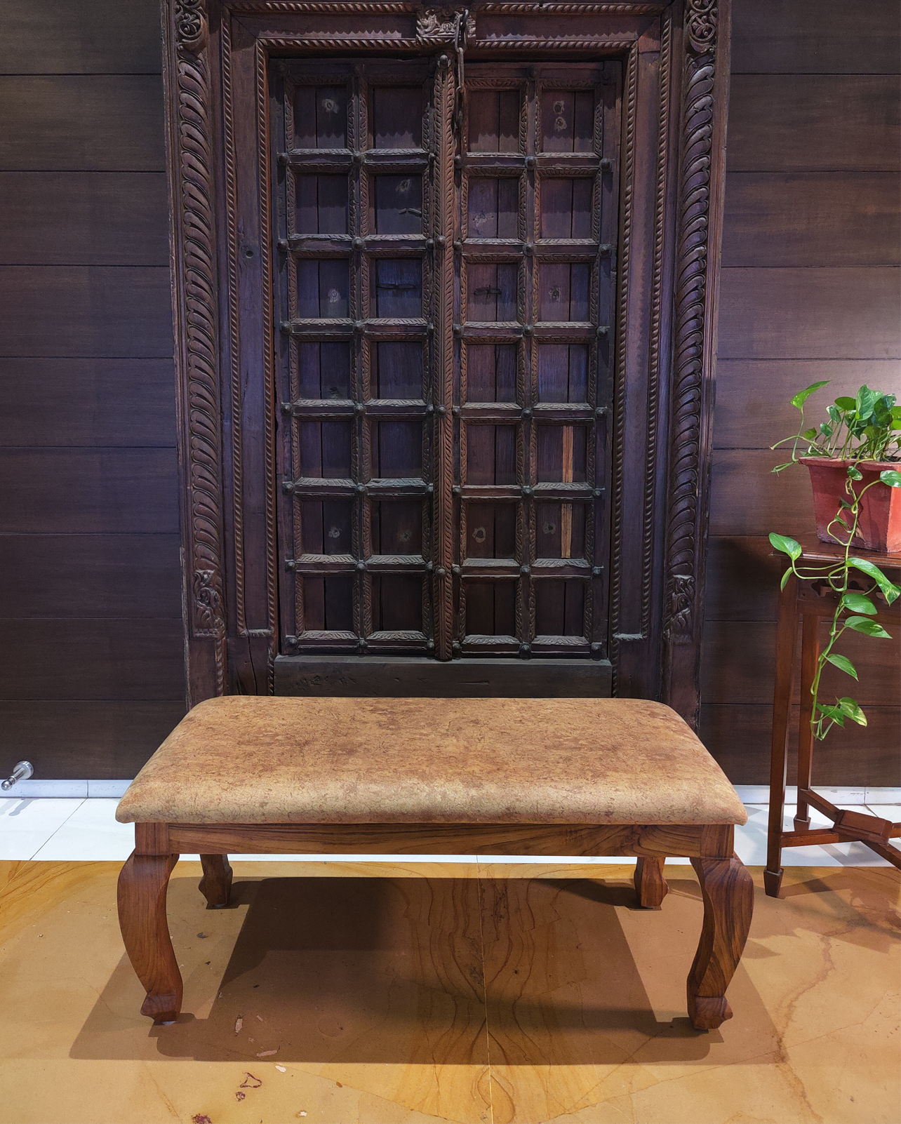 Teak Wood Bench with Fabric Upholstery