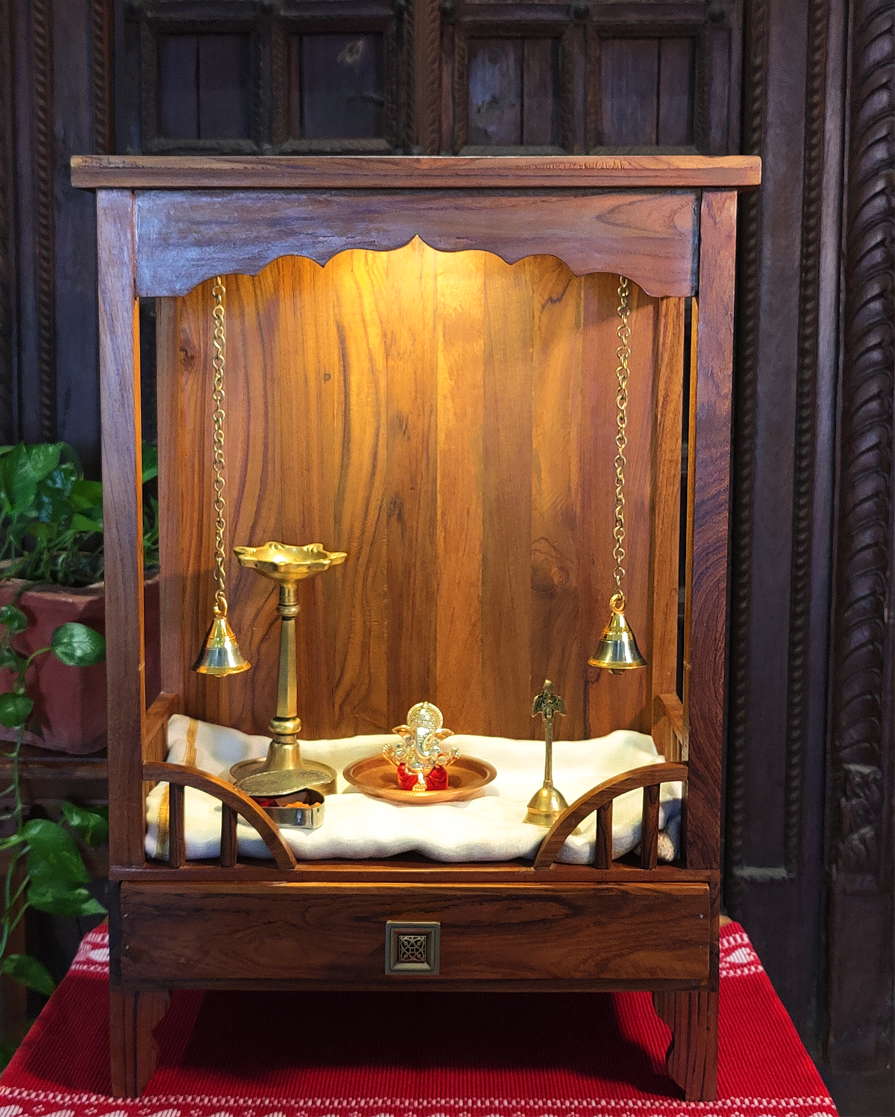 Teak Wood Mandir with Hanging Bells