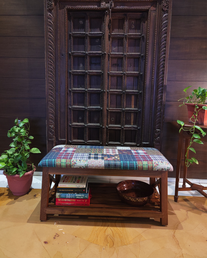 Teak Wood Bench with Patterned Fabric Upholstery